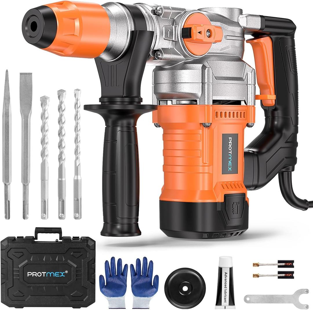 1-1/4 Inch SDS-Plus 13 Amp Heavy Duty Rotary Hammer Drill with Safety Clutch 3 Functions, Vibration Control, for Floor Tile Removal, Concrete Breaker, Including Grease, Chisels & Drill Bits (Orange)