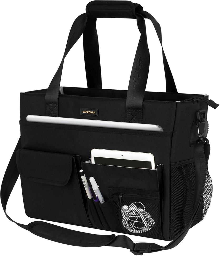 Teacher Tote Bag with Laptop Compartment,Large Utility Work Tote Bag with15 Pockets for Women,Nurse Bag, Black