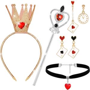 Queen Costume Accessories, Red Heart Queen Costume Set with Crown Headband Wand Choker Necklace Earrings for Women