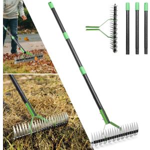 Thatch Rake, 13" Wide Efficient Dethatcher Rake with 55" Adjustable Long Handle, Heavy Duty Steel Metal Dethatching Rakes for Cleaning Dead Grass, Loosening Soil, Lawn Care in Yard Garden