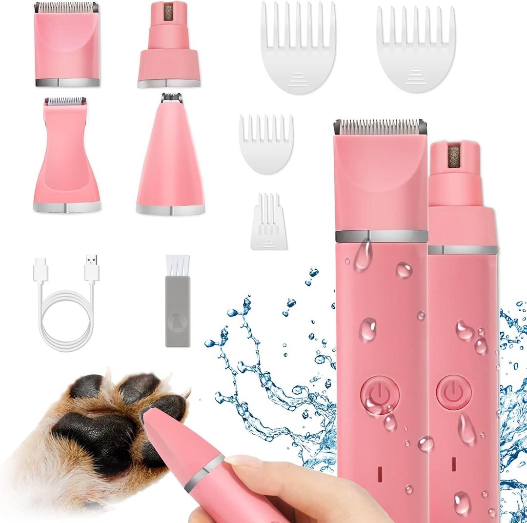 Dog Grooming Clippers Kit-Electric Rechargeable Cat Trimmer Tools-Cordless Quiet Pet Nail Paw Grinder-4 in 1 Multifunctional Low Noise Shaver-Razor for feet Face Ears Toenail EyePink