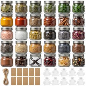 8 oz Mason Jars with Airtight Silver Lids - 30 Pack Small Glass Jars Set with Labels, Twine & Mesh Bags - Wide Mouth Canning Jars for Party Favors, Baby Shower, Wedding & Bulk Crafts