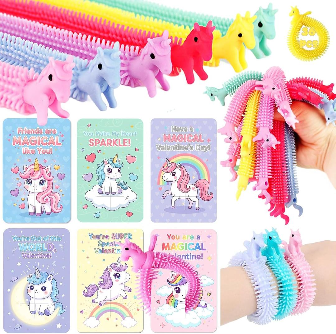 36 Pack Valentines Day Cards for Kids School with Unicorn Stretchy Strings ,Unicorn Noodles Valentine's Gift Exchange For Classroom,Valentine's Party Favor,Valentine's Fidget Toys