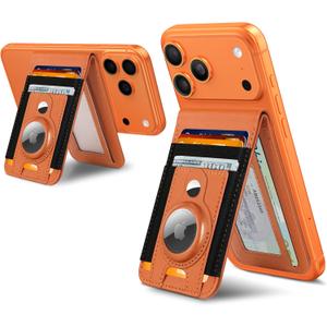 ExtreLife For Magsafe Wallet Stand with Airtag Holder, Strongest Magnetic Wallet for iPhone 17/16/15/14/13/12 Series, ID Window, 4 Card Slots, 10 Cards Holder, Vegan Leather, RFID Blocking, Orange