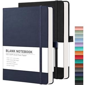 RETTACY Blank Journal Notebook, 2-Pack, 192 Pages per Pack, A5 Medium Size (5.7'' x 8.3''), Leather Hardcover, 100 GSM Thick Paper, for Sketching, Drawing, Painting (Black & Navy Blue)