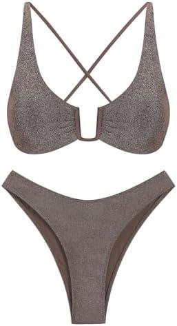 ZAFUL Women's Two Piece Swimsuit Textured U-Wired Metal Criss Cross String Bikini High Leg Bathing Suits. Large