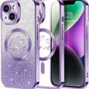 Hython for iPhone 14 Case Glitter, Compatible with MagSafe Love Heart Magnetic Clear Phone Cases for Women Girls, Full Camera Protection Sparkle Plating Shockproof Protective Cover, Deep Purple