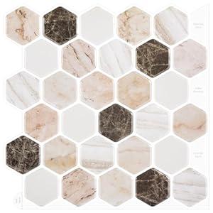 WalDecoo Brown Hexagon Peel and Stick Backsplash Tile, 10 Sheets Premium 3D-Adhesive Wall Tile Stickers, Premium Marble Kitchen Backsplash Tiles Peel and Stick（12 "×12")