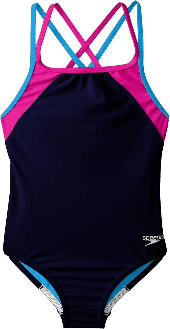 Speedo Girl's Swimsuit One Piece Solid Cross Back Multi Straps (14, Navy)