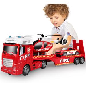 Dwi Dowellin 25.6" Semi Truck Toy with Racing Car and Helicopter for Kids Toddlers - Fire Toys,Birthday Gifts for Boy Toddler Child 2 3 4 5 6 Years Old