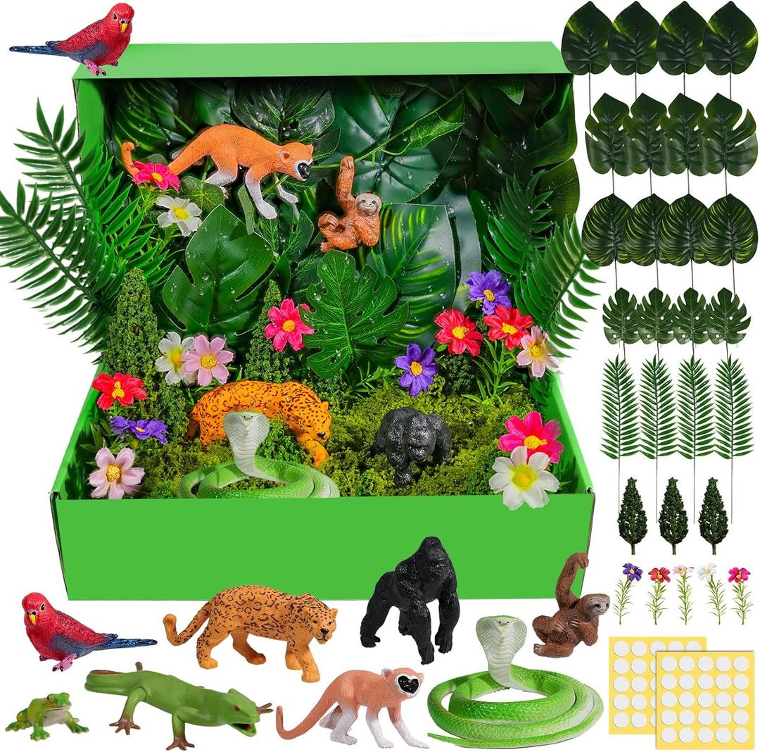 Warmtree 57 Pcs Rainforest Diorama Kit Forest Animals Figures Assorted Creatures Rainforest Diorama Supplies Animals Model Trees for Rainforest Cake Topper Birthday Party DIY Craft Projects