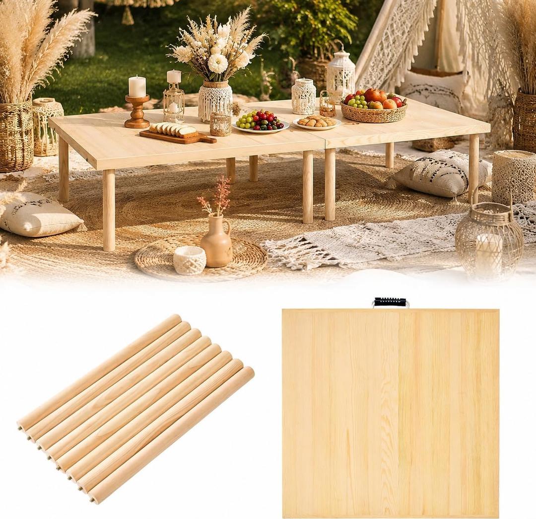 48"x24" Boho Wooden Picnic Table, Portable Wood Picnic Desk,Solid Wood Picnic Table, Boho Low Picnic Floor Desk for Beach, Camping, Backyard, Floor Seating