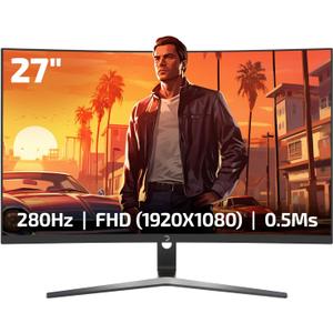 GAMEPOWER V80 27 Inch Curved Gaming Monitor, 280Hz 1080p Display, 0.5ms Response Time, VA Panel, AMD FreeSync, HDR Support, 125% sRGB, RGB Backlight, Dual Speakers, HDMI and Displayport Inputs,1500R