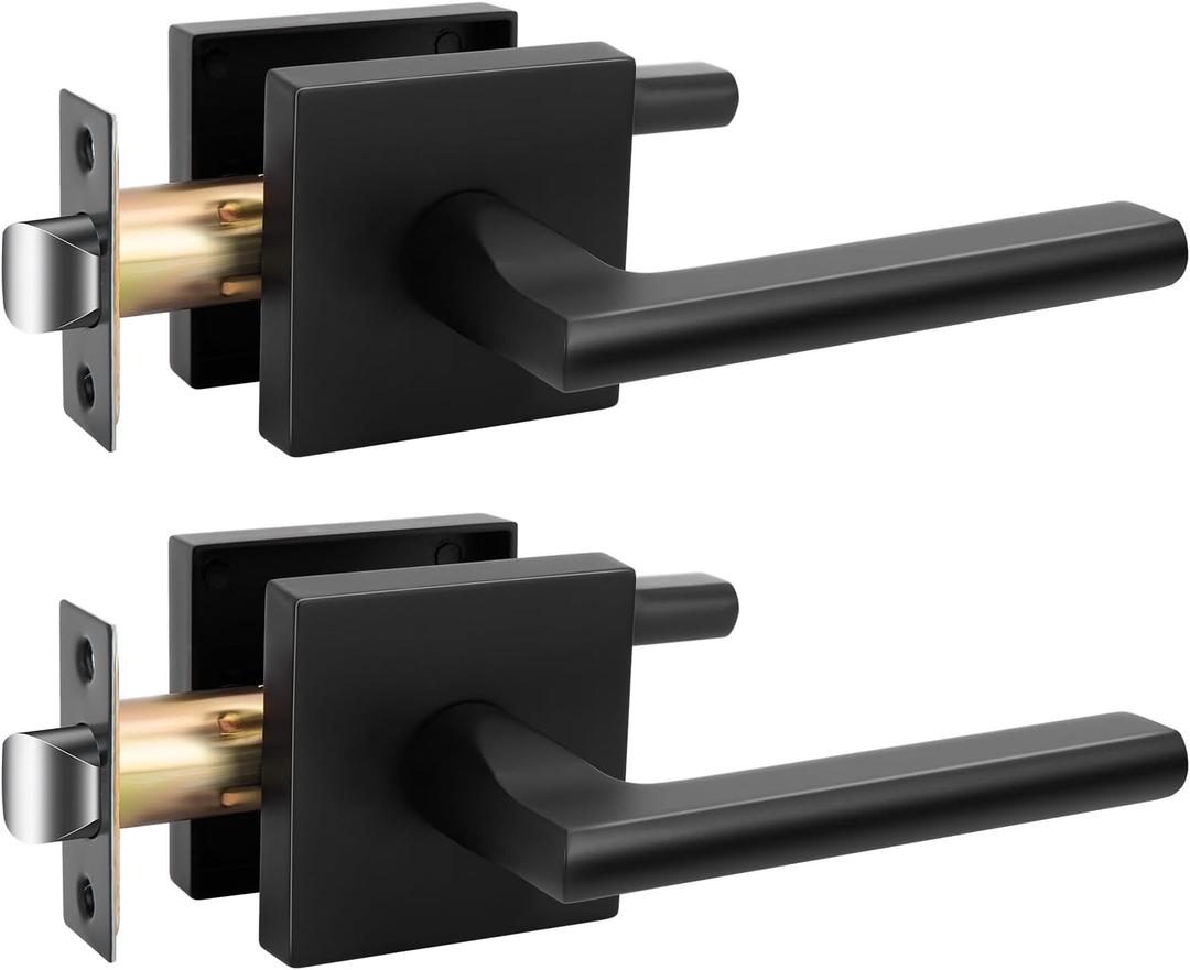 Goldenwarm Matte Black Passage Door Handles for Hallway & Closet  Heavy Duty Non-Locking Interior Door Lever, Zinc Alloy Modern Square Black Door Handles (2 Pack)