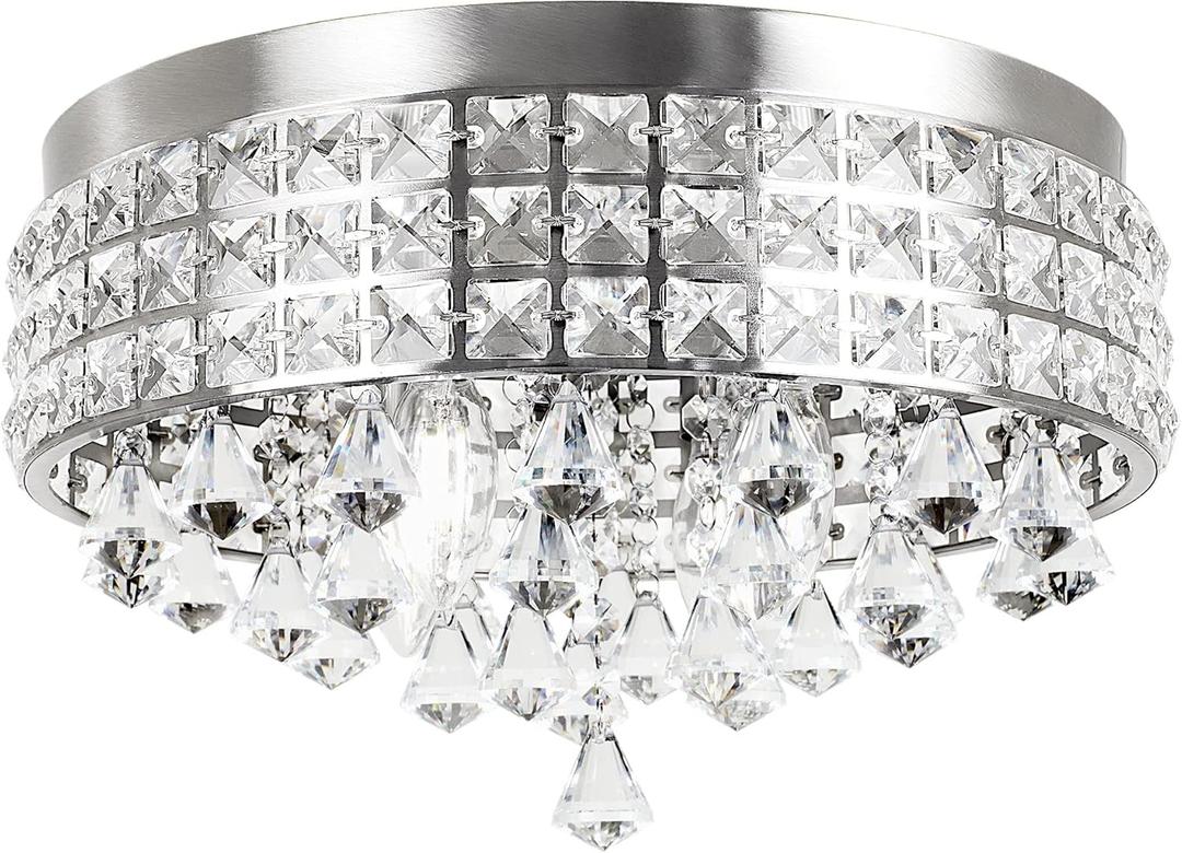Kira Home Gemma 15" Modern Chic 4-Light Crystal Flush Mount Chandelier + Round Metal Shade, Dimmable, Brushed Nickel Finish