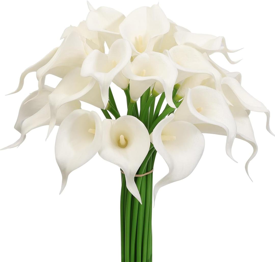30Pack Real Touch PU Latex Artificial Calla Lily Flowers for Wedding Party and Home Decor-White