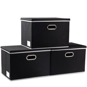 PRANDOM Large Foldable Storage Boxes with Lids [3-Pack] Fabric Collapsible Storage Bins Organizer Containers Baskets Cube with Cover for Home Bedroom Closet Office Nursery Black(17.7x11.8x11.8)
