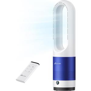 Zicooler Bladeless Fan for Bedroom, 22" Quiet Oscillating Tower Fan with Remote, 8 Speeds, 90 Wide-Angle, 35dB Quiet, 9H Timer, LED Display, Compact Bladeless Tower Fan for Living Room Office Kitchen (White + Blue)