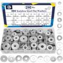 ZQZ 290Pcs Flat Washers, 304 Stainless Steel Fender Washers Assortment, 15 Different Sizes Wide Washer M3 M4 M5 M6 M8 M10 M12 Assorted Flatwashers Kit