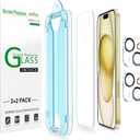 amFilm OneTouch 2+2 Pack Compatible with iPhone 15 Screen Protector 6.1" Tempered Glass with Camera Lens Protector Accessories, Premium Easiest Installation Kit 9H, Case Friendly Anti-Scratch HD