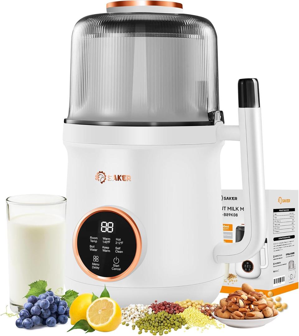 Saker Nut Milk Maker, Automatic Almond Milk Machine Maker with 12H Timer for Soy, Oat, Coconut, Plant Based Milks Homemade, Soybean Milk Maker with Auto Clean, Boil Water, Delay Start, Keep Warm
