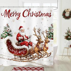 Merry Christmas Shower Curtain Santa Claus Sleigh Reindeer Xmas Tree Snowflake Winter Holiday Bathroom Curtains Waterproof Polyester Fabric Bath Curtain 72 x 72 Inch with 12 Hooks