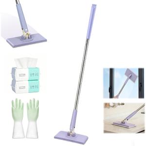 Hands Free Flat Mop One Click, Snap Grip Mini Mop, Cloth Changing Mini Mopa for Dry & Wet Pads, Automatic Gripping with Sweeping & Mopping, Long Handle Dust Mop for Hardwood Tile Small Space (Purple)