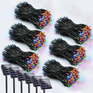 6 Pack 600 LED Solar String Lights for Outside, Solar Christmas Lights with 8 Lighting Modes, Waterproof Green Wire Solar String Lights Outdoor for Tree Xmas Party Garden Yard Decorations (MultiColor)