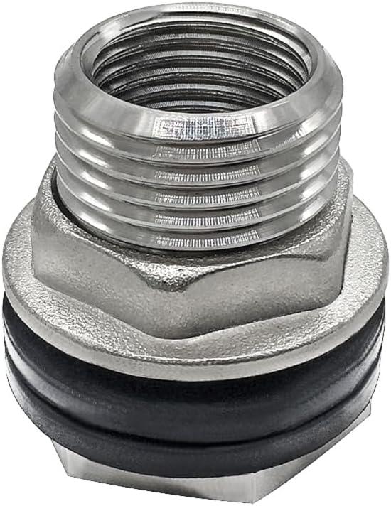 Beduan Stainless Garden Hose Bulkhead Fitting, 1" Male to 3/4" GHT Female Bulkhead Water Tank Connector Thru-bulk Fitting for Rain Barrels, Aquariums, Sinks, Irrigation