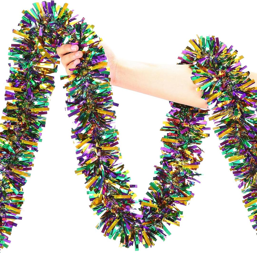 50FT Mardi Gras Tinsel Garland, Purple Green Gold Metallic Mardi Gras Garland Shiny Tinsel for Home Room Mantel Stairs Indoor Outdoor Mardi Gras Decorations and Carnival Party Decorations (Style 1)