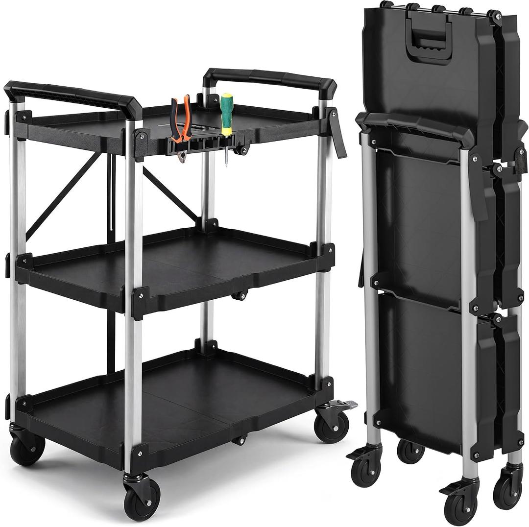 YITAHOME 3-Tier Large Folding Utility Cart w/Wheels(2 Brakes), 300lbs
