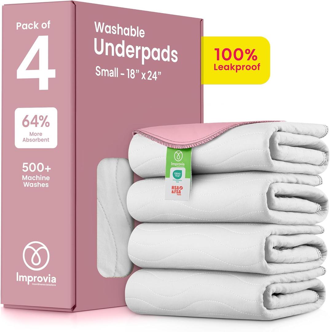 IMPROVIA Washable Underpads, Heavy Absorbency Reusable Incontinence Pads for Kids, Adults, Elderly, and Pets - Waterproof Protection (White & Pink, 18"x24" (Pack of 4))