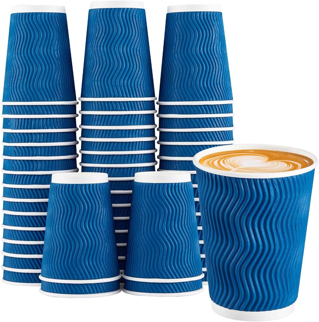 Lamosi 12 oz Insulated Coffee Cups Disposable - 50 Count Blue Paper Coffee Cups No Lids 12oz, Corrugated Ripple Wall Design for Hot Cold Drinks (Navy)