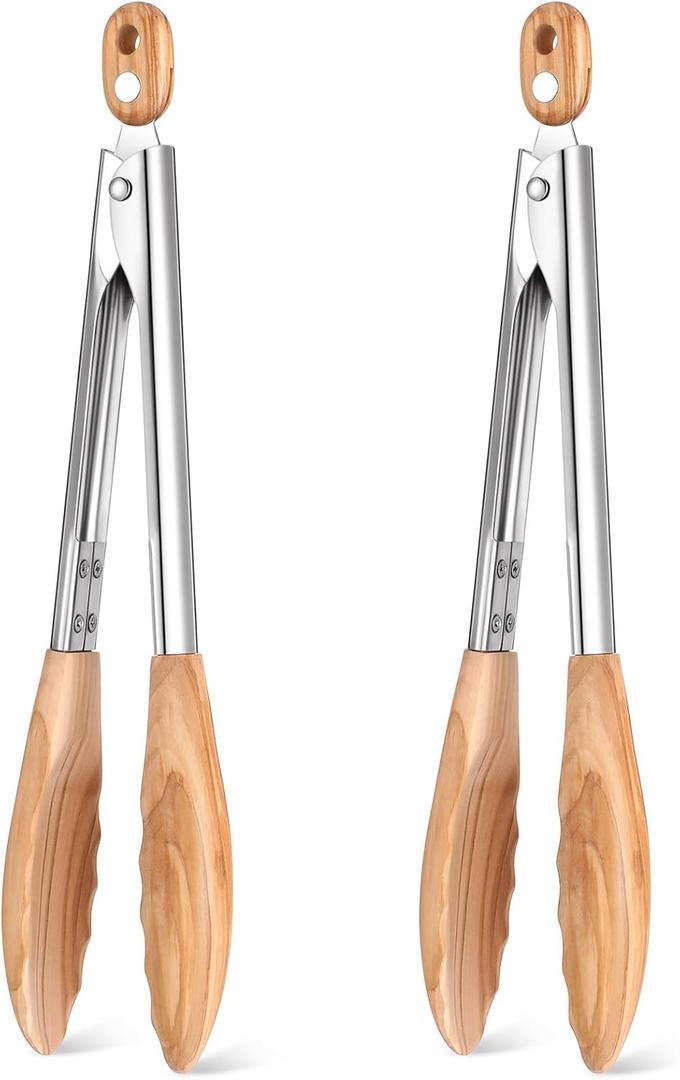 Baderke 2 Pcs Olive Wooden Kitchen Tongs for Cooking Wooden Utensil Set Salad Tongs with Wood Tips for Serving Salad Flipping Burgers Grilling and Much More, 11.4 Inch