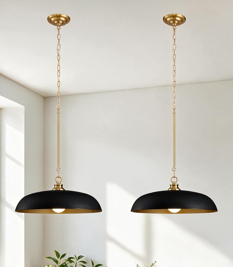 2 Pack 17.8" Black Gold Dome Metal Pendant Lights Kitchen Island, Large
