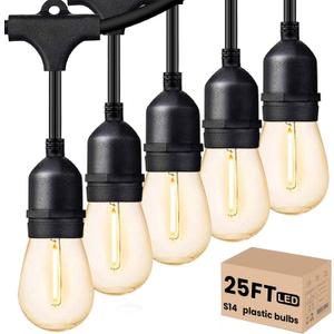 Svater Outdoor Led String Lights 25 FT, Patio Lights for Outside with 9 pcs S14 Shatterproof Bulbs, 1 Watt E26 Dimmable, IP65 Waterproof, Commercial Grade Bistro Light 2700K Warm White