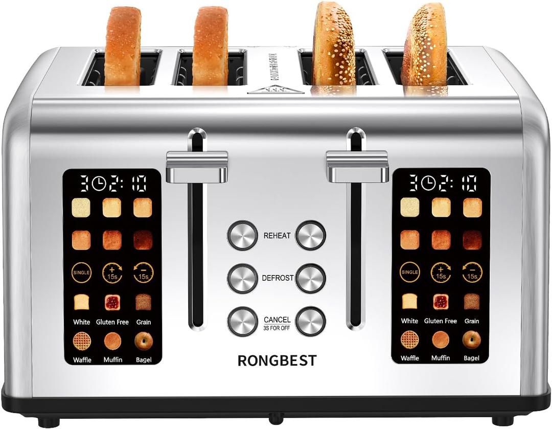 4 Slice Touch Screen Toaster, Easy-to-Use Digital Stainless Steel Toaster with Wide Slots, Reheat Defrost Cancel, Removable Crumb Tray, Silver