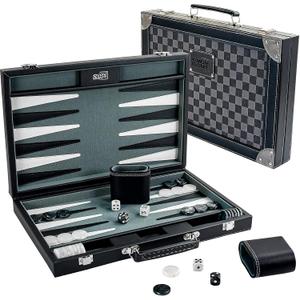 Backgammon Sets for Adults, 15 Inches Backgammon Board Games for Adults, Leather Backgammon Sets for Family & Travel, Checkerboard Design, Grey and Black