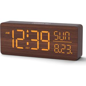 Peakeep Wooden Digital Alarm Clock Large Display, Textured Desk Table Decoration for Bedroom, Living Room, Plug in Clock with Time Date Day, 5 Brightness, Auto DST