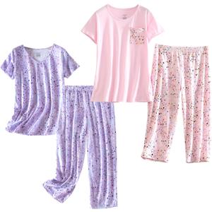 PNAEONG 2 Pack Women's Cotton Pajama Sets Short Sleeve Sleepwear Tops with Capri Pants Summer Loungewear Pj Sets, (Purple Pink-XL)