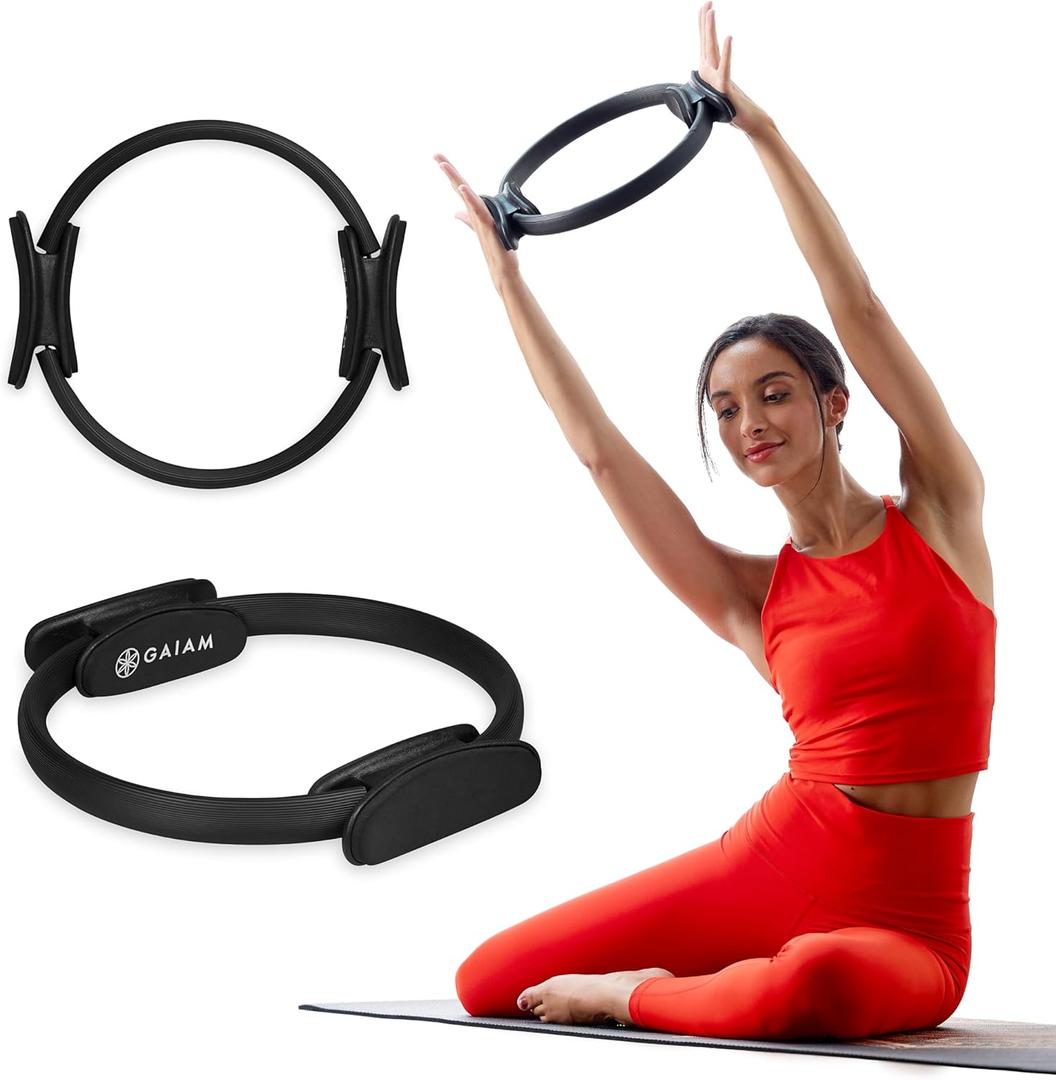 Gaiam Pilates Ring Fitness Circle - Lightweight & Durable Foam Padded Handles, Flexible Resistance Exercise Equipment for Toning Arms, Thighs/Legs & Core (15", Black)
