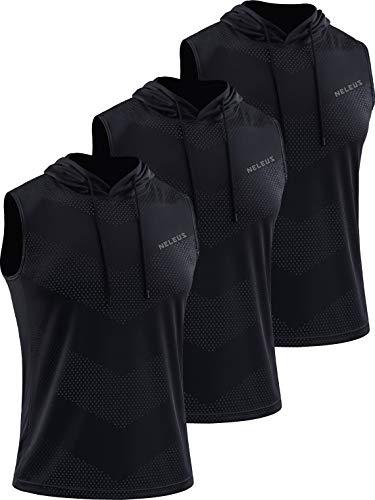 NELEUS Men's Workout Tank Tops Sleeveless Running Shirts with Hoodie,5098,3 Pack, Black/Black/Black, M