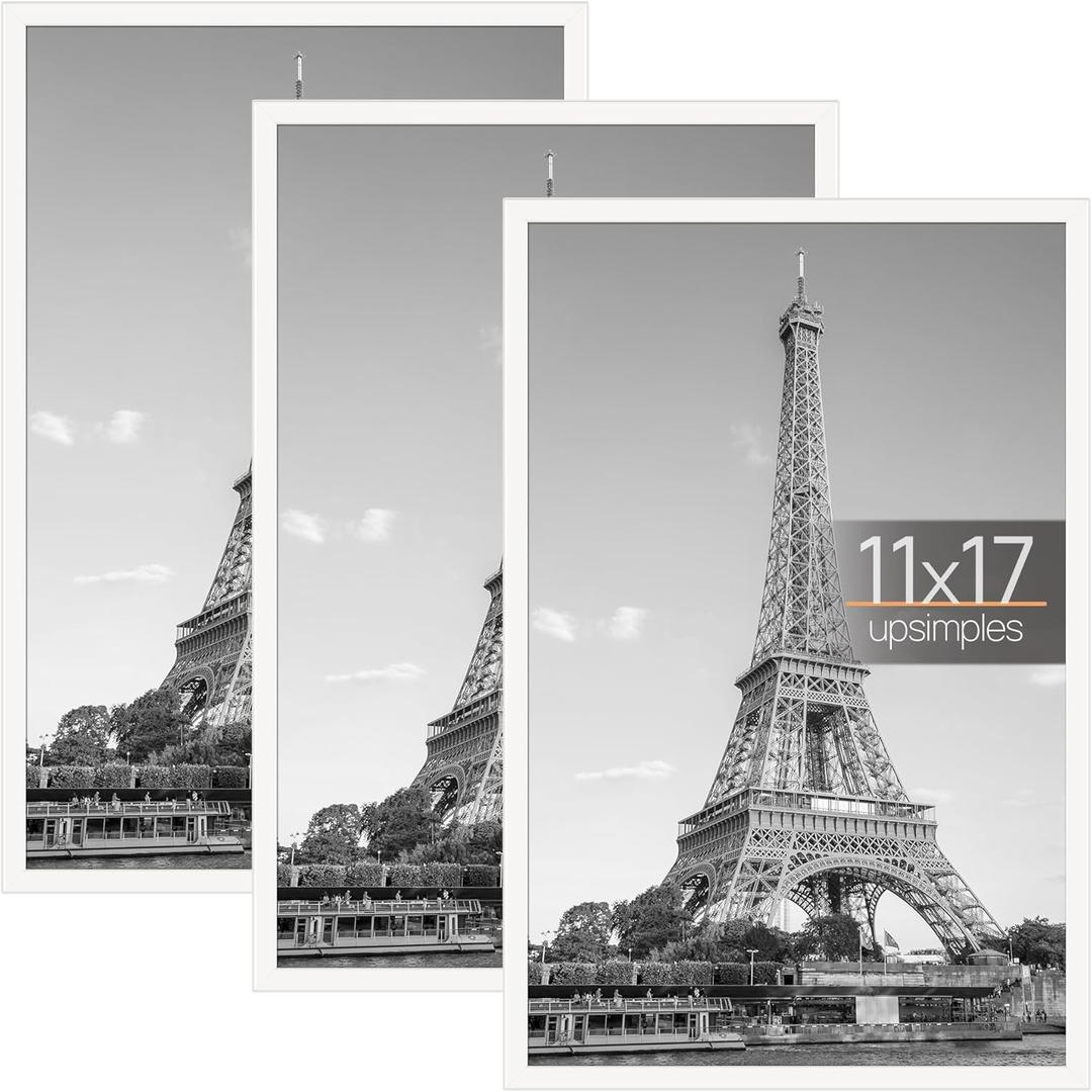 upsimples 11x17 Picture Frame White 3 Pack, Scratch-Proof 11 x 17 Poster Frames for Photo Gallery - Slide-In Strips, Horizontal or Vertical Wall Mounting