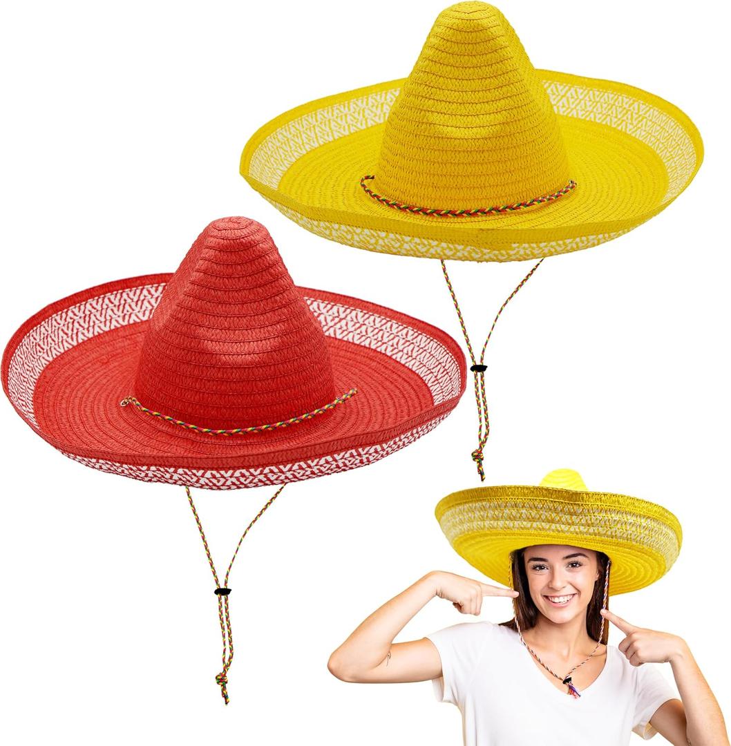 4E's Novelty 2 Pack Sombrero Hats Adult, Red & Yellow Sombrero Party Hats With Chinstrap - for Fiesta Cinco De Mayo Party Dress Up, Mexican Hat for Women & Men Outfit Accessories
