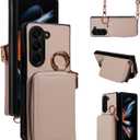Wallet Case for Samsung Galaxy Z Fold 5 5G 2023 & Shoulder Strap Ring Buckle, Luxury PU Leather Zipper Flip Organ Purse, Card Holder Stand Phone Cover for ZFold5 Z5 G Fold5 5ZBB Women Men Khaki