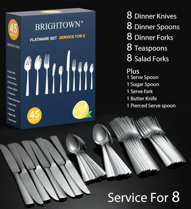 Brightown 45 Piece Silverware Flatware Cutlery Set, Stainless Steel Fork Spoon Knife Sets for 8, Dishwasher Safe,Ergonomic Design Size and Weight