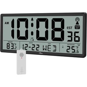 WallarGe Atomic Clock with Indoor Outdoor Temperature - Easy to Read - Self Setting, 14.5'' Jumbo Auto Set Digital Wall Clock Battery Operated (Carbon)