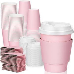 Patelai 100 Pcs 12 oz Disposable Coffee Cups with Lids and Sleeves Bulk, Insulated Hot Chocolate Paper Cup for Hot and Cold Beverage Water Juice Cocoa Tea Party Restaurants Travel Supplies (Pink)