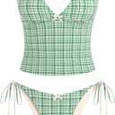 ZAFUL Women's Spaghetti Strap Tankini Swimsuits V Neck Tummy Control Tie Side Thong Bikini Swimsuits 2 Piece Bathing Suits (Green, L)