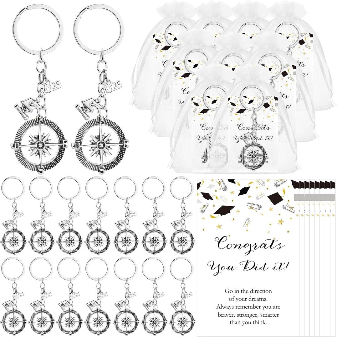Ferreve 30 Sets 2026 Commencement Gifts Bulk Inspirational Compass Keychain with Cap Charm and Congratulations Cards Farewell Organza Bag for Men Women Alumni Party Favors